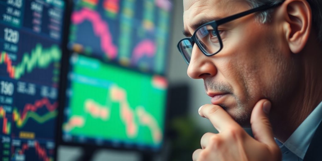 Thoughtful investor analyzing market trends and making decisions.