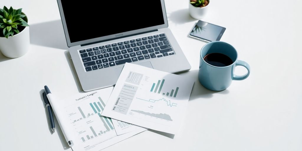 A modern workspace with laptop and financial documents.