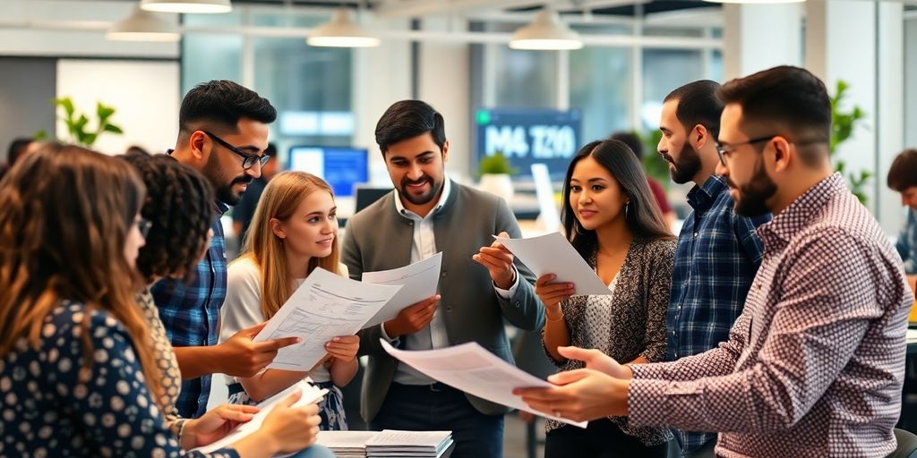 Group of new investors collaborating in a modern workspace.